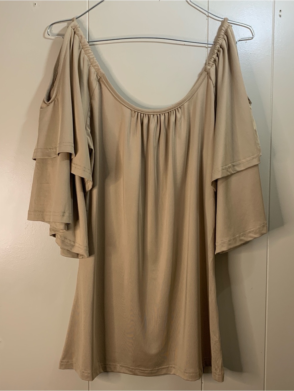 Zanzea Beige Solid Scoop Neck Flutter Sleeve Pullover  Blouse Women’s S
